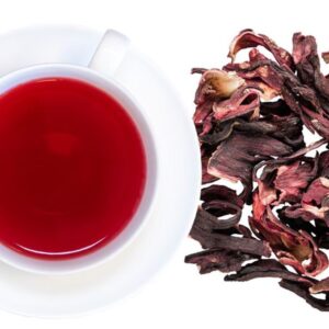 Hibiscus Herbal Blossom tea with with tea cup and saucer