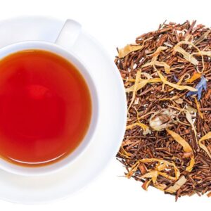 Passion Fruit Rooibos with white tea cup and saucer