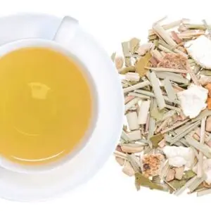 Lemongrass Ginger Herbal Tea with a white tea cup.