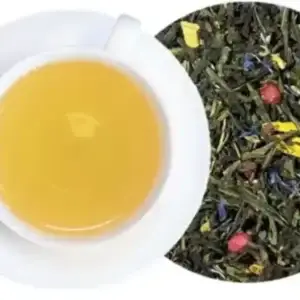 Organic Royal Star Sencha with a white tea cup.