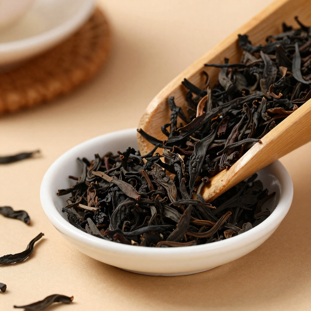 Loose-leaf black tea poured in a saucer