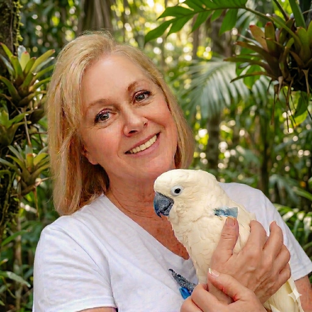 Nancy the author with a parrot in her hand