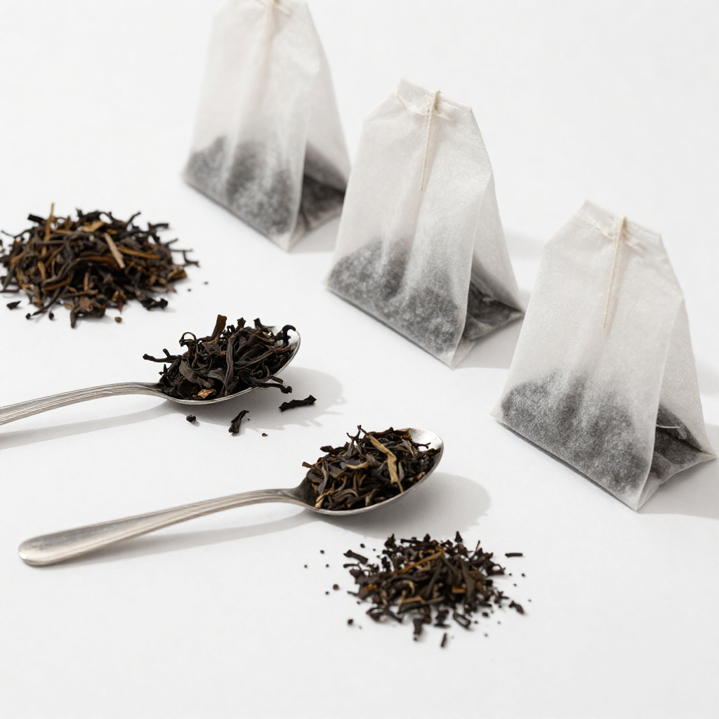 Loose-leaf black tea compared with tea bags on a white background. Copy