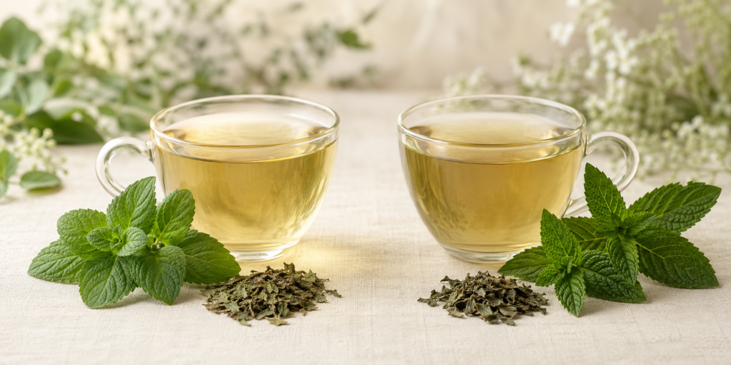 Spearmint and peppermint herbal teas with fresh and dried mint leaves