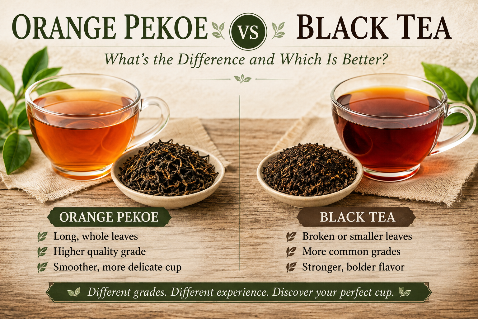Orange Pekoe vs black tea comparison showing two cups of brewed black tea with whole and broken loose tea leaves.