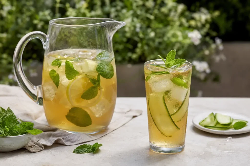 Pitcher and glass of iced mint tea with fresh mint, lemon and cucumber