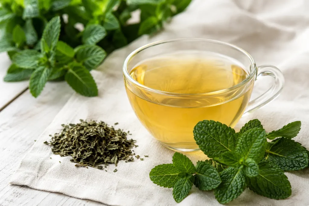 Cup of peppermint herbal tea with fresh and dried peppermint leaves