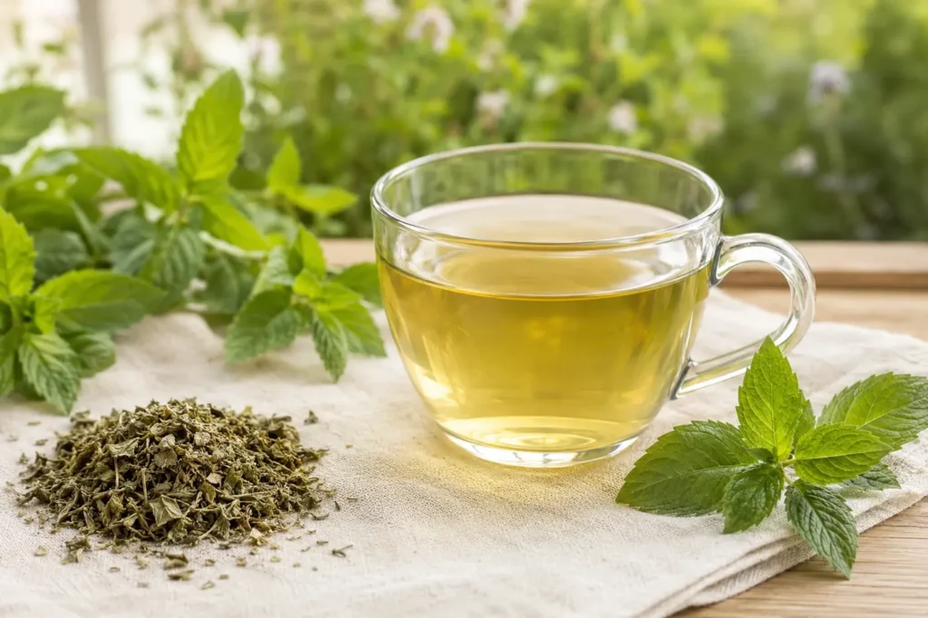 Cup of spearmint herbal tea with fresh and dried spearmint leaves