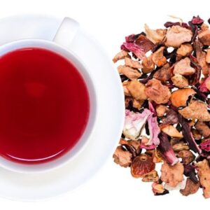 Organic Citrus Sunrise fruit infusion with lemon peel, lime peel, apple, rosehips, currants, and hibiscus, carefully selected by Tealicious Tea BouTEAque.