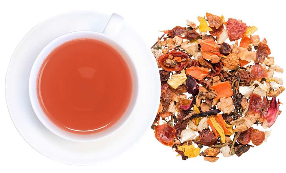 Organic Orchard Sunrise fruit tea with apple, papaya, mango, orange peel, and currants, carefully selected by Tealicious Tea BouTEAque.
