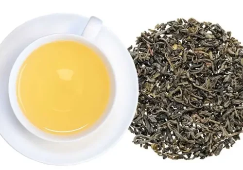 After Seven Chun Mee Green Tea with peppermint leaves, cocoa nibs, and freshly brewed organic green tea